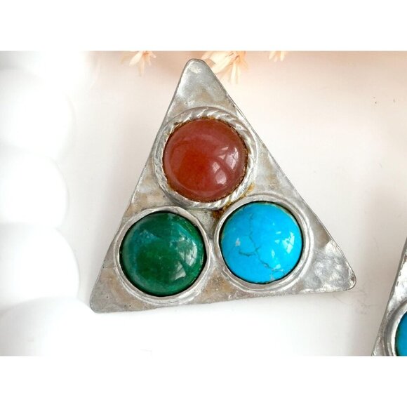 XL Hammered Pewter Turquoise & Coral Vintage Large Statement Earrings - Picture 2 of 10